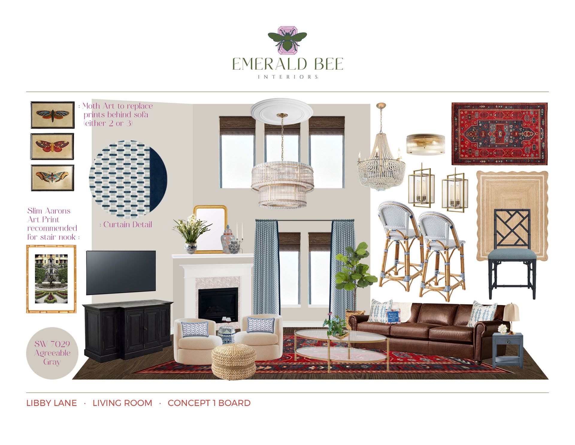Living room concept with patterned drapery and layered textures by Emerald Bee Interiors for the Libby Lane project.