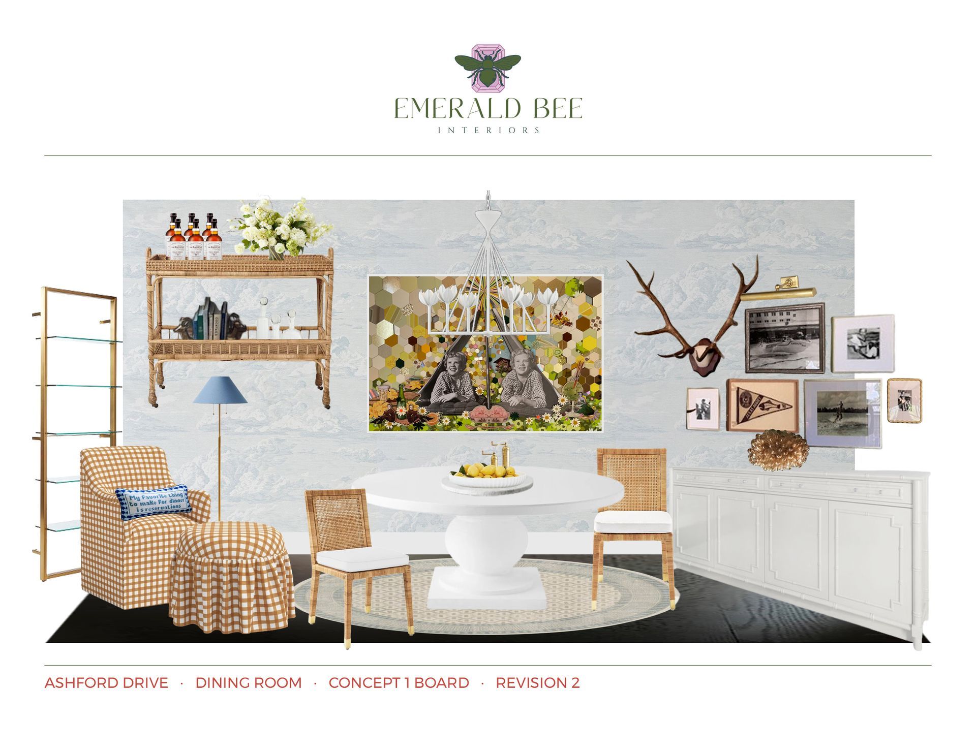 Dining room concept with round wood table, upholstered chairs, and framed art by Emerald Bee Interiors for Ashford Drive.