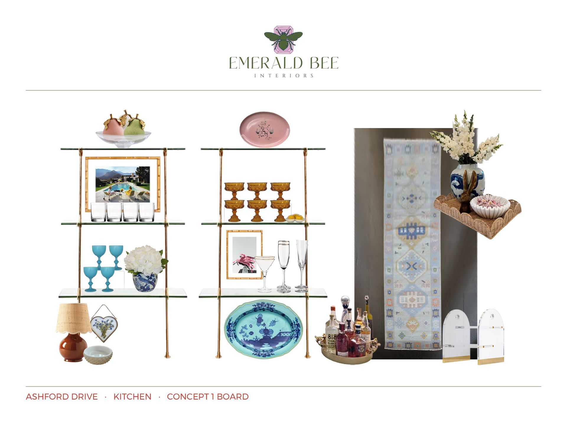 Concept by Emerald Bee Interiors for styling brass shelves and layering oushak runner for Ashford Drive Kitchen.