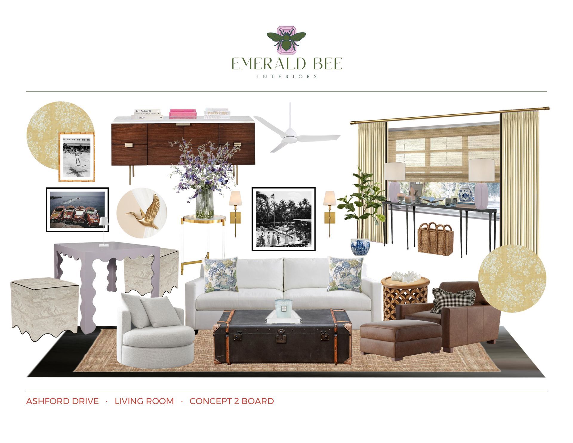 Living room concept with layered textiles and modern classic furnishings by Emerald Bee Interiors for Ashford Drive Project.