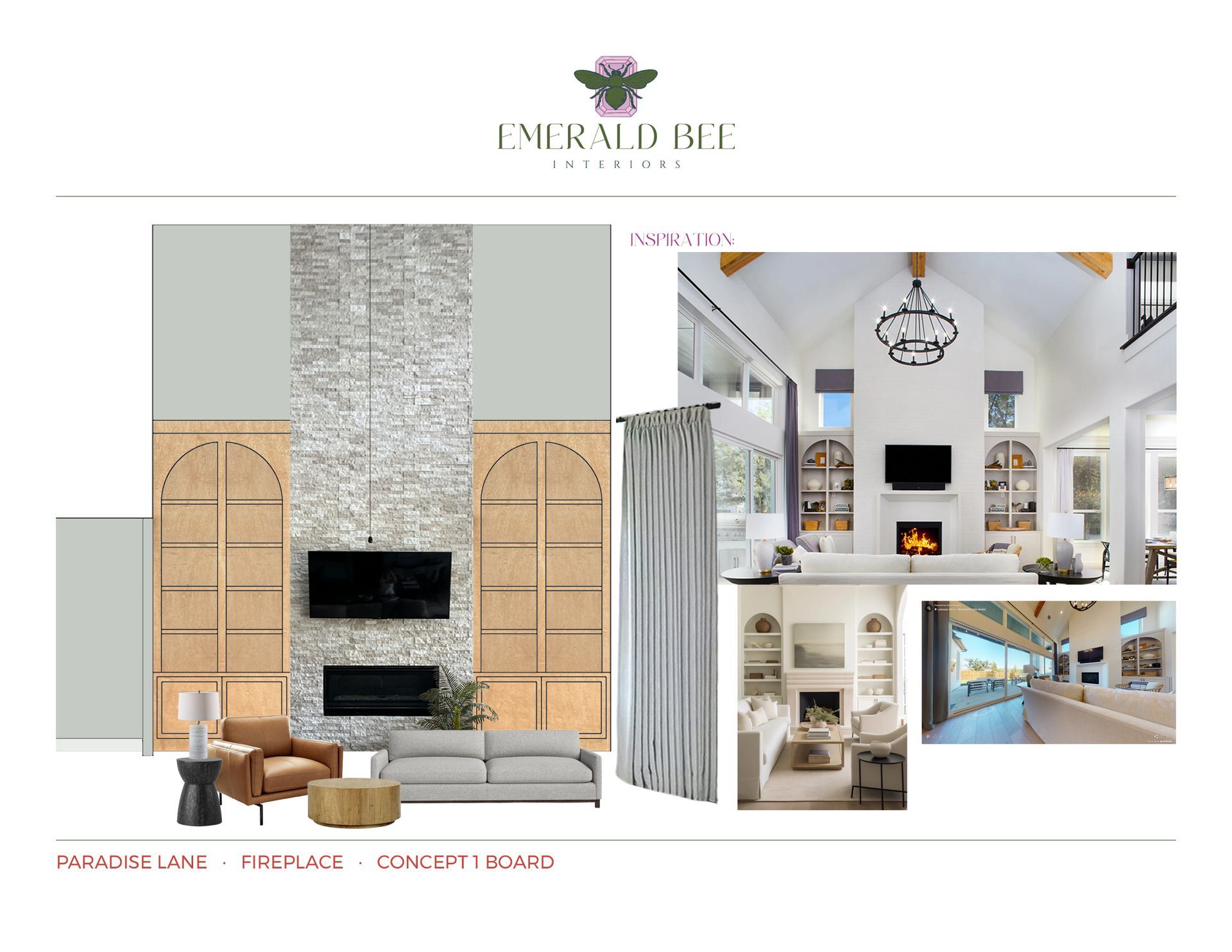 Wood-finish built-in arched cabinetry option around the stone fireplace – Paradise Lane by Emerald Bee Interiors.