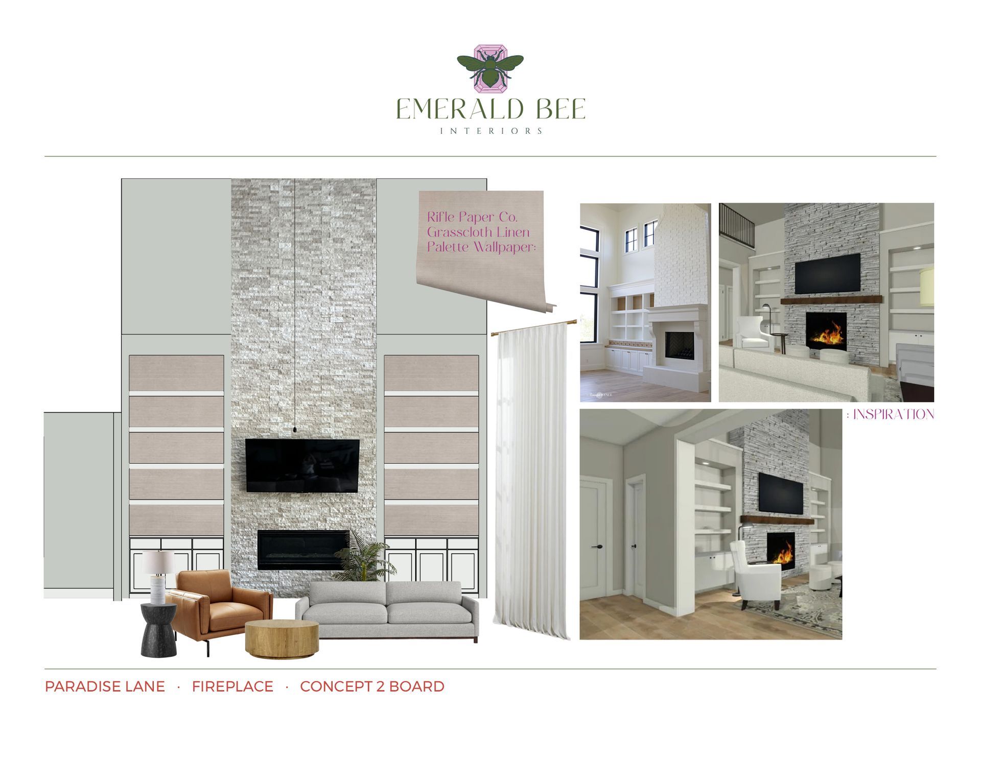 Built-in cabinetry concept around fireplace – white version with wallpaper backing from Paradise Lane Fireplace Design.