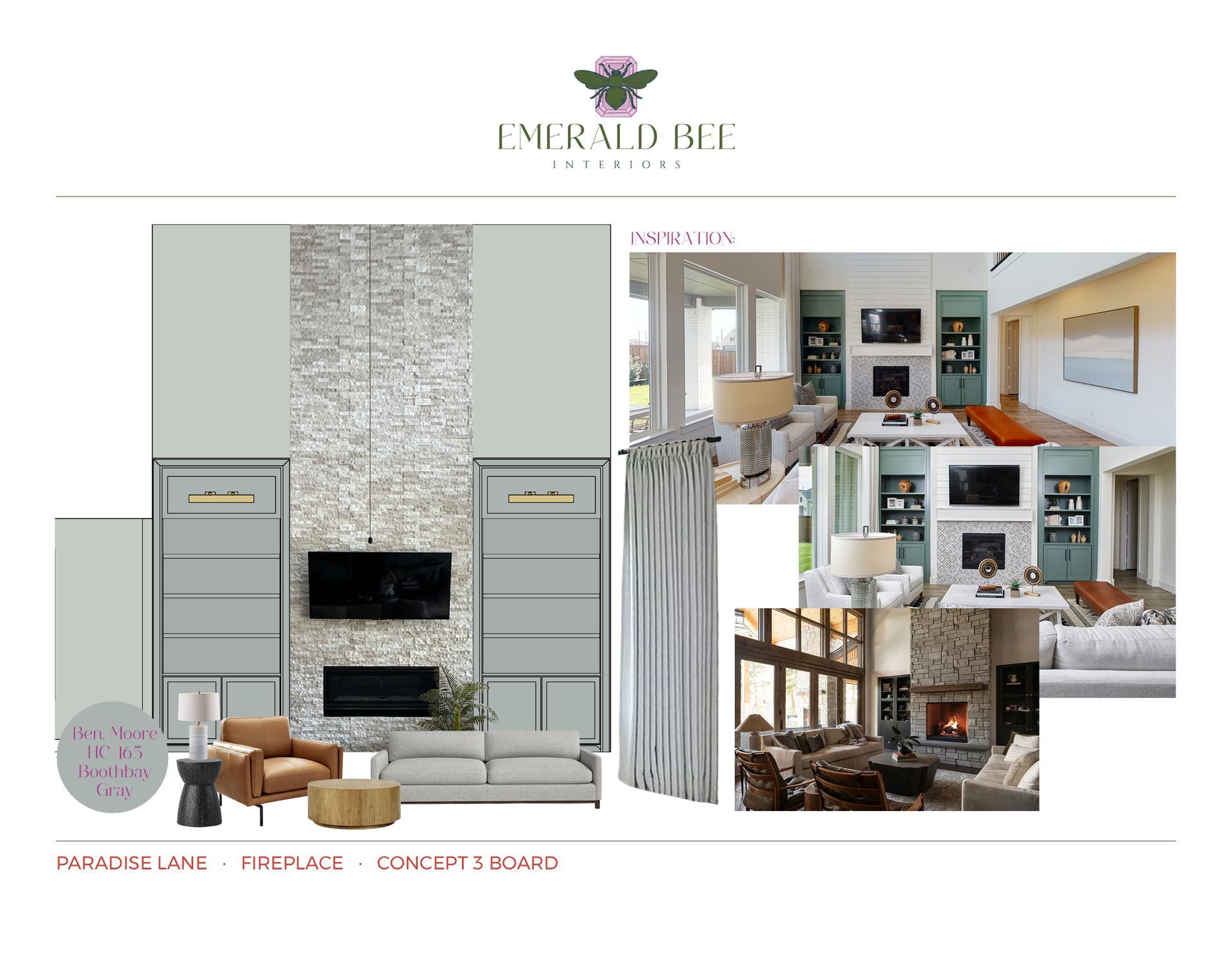 Painted cabinetry design alternative framing the fireplace feature wall in Paradise Lane project.