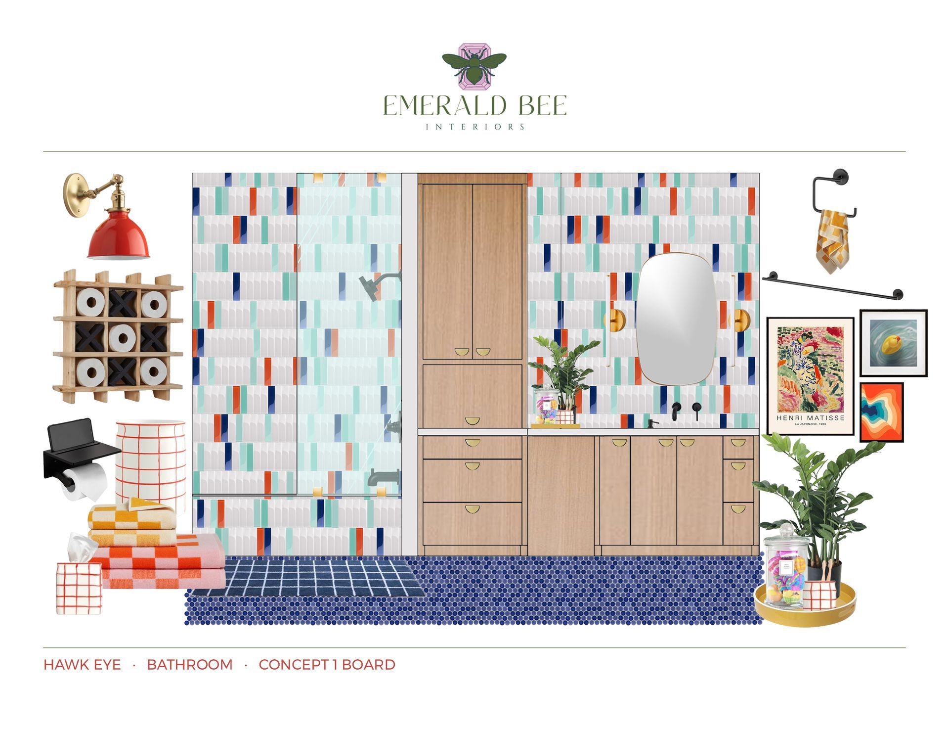 Bath layout concept with drop-in tub, glass partition, linen tower, and abstract art by Emerald Bee Interiors for Hawk Eye.