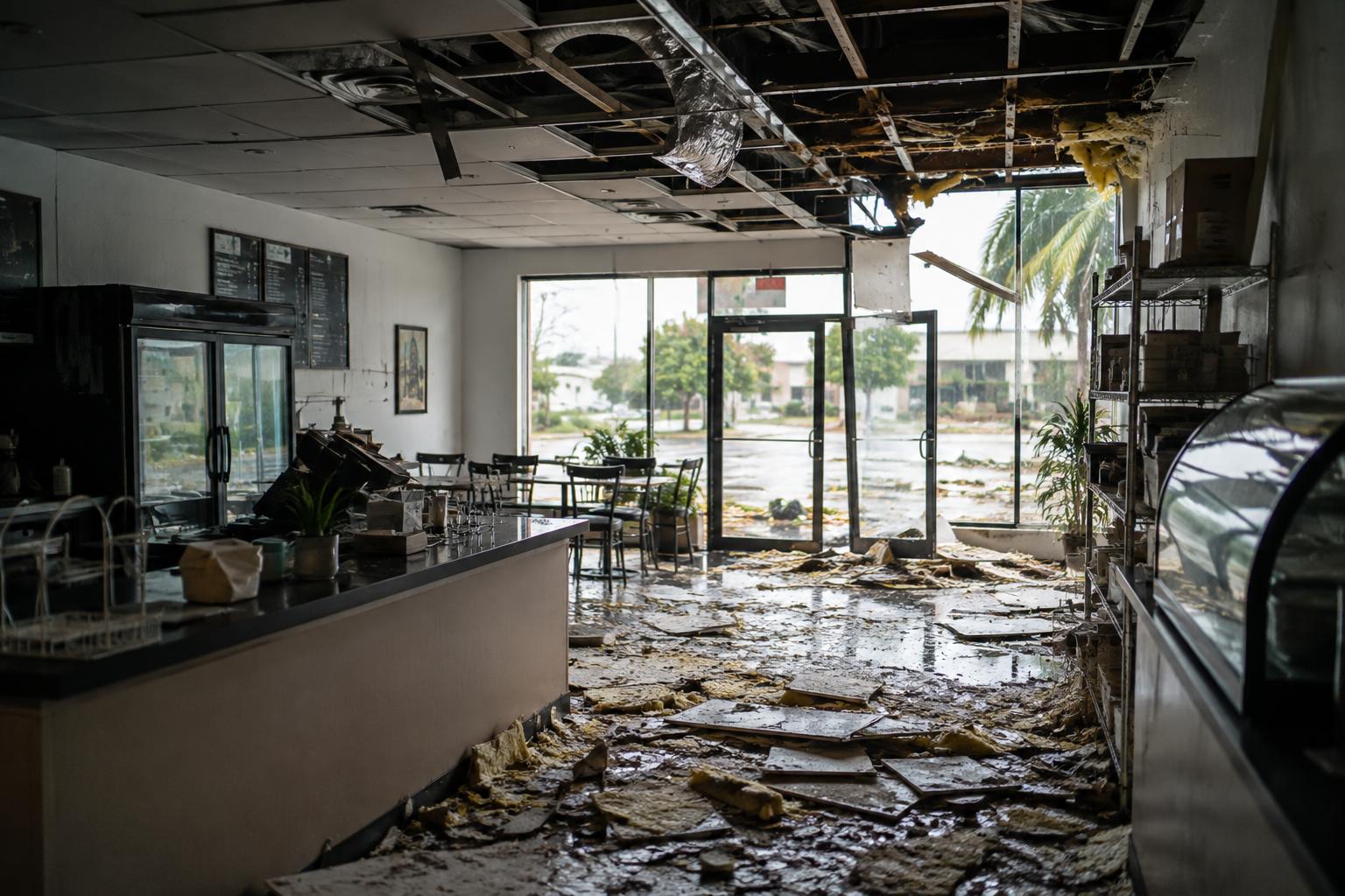 Flooded, debris-filled restaurant interior with broken ceiling and shattered glass after storm damage