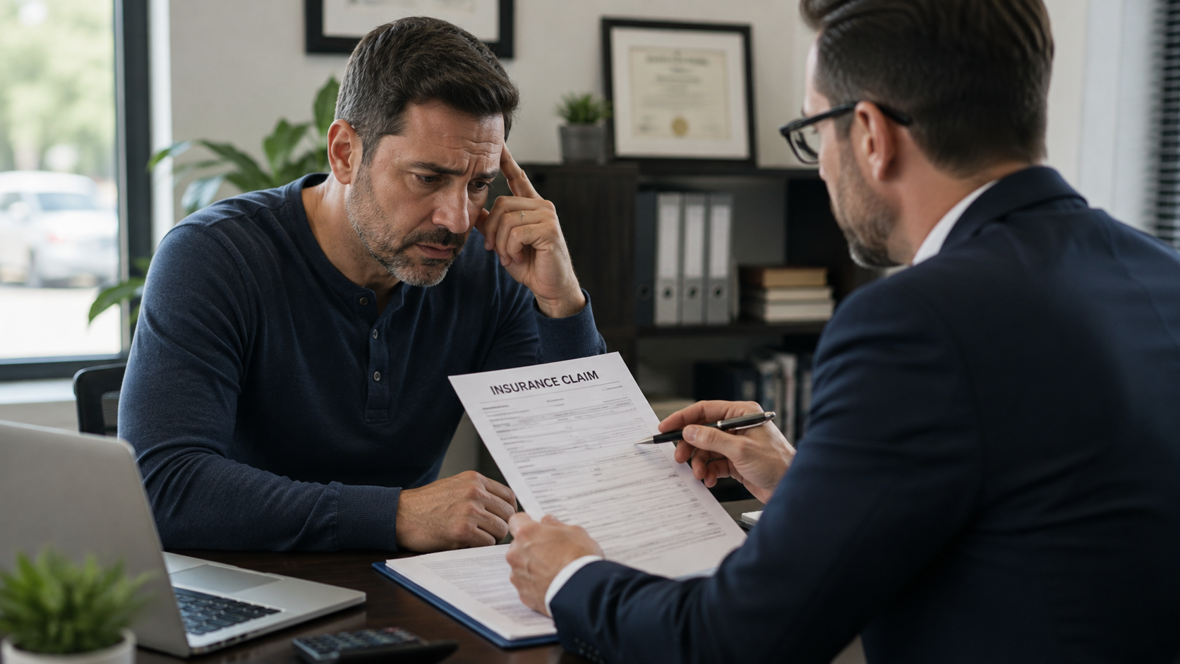 Business owner reviewing an insurance claim with an insurance professional