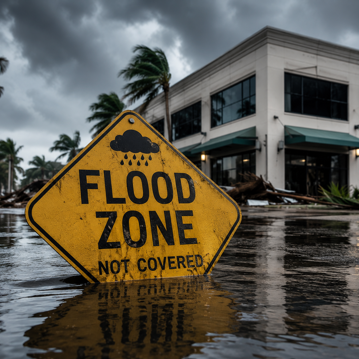 Flood zone warning sign in flooded street beside damaged building under stormy skies