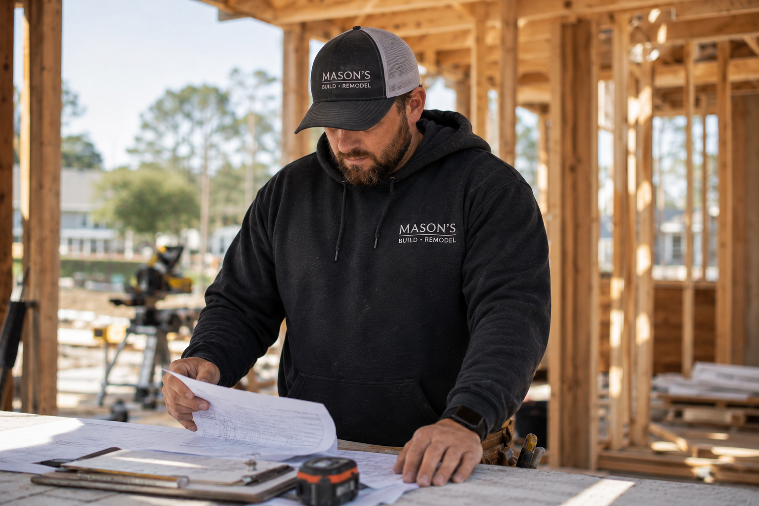 Construction worker in black hoodie and cap reviewing blueprints at a building site