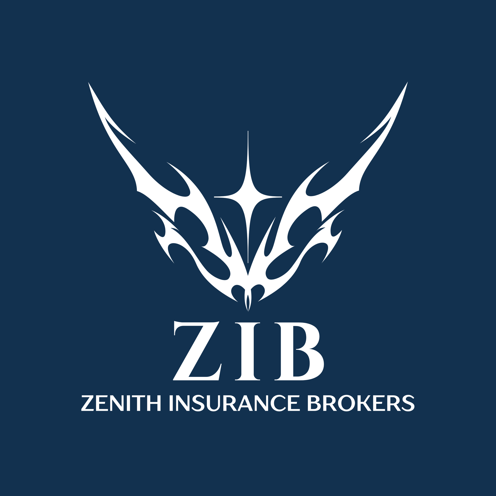 White winged emblem above “ZIB” and “ZENITH INSURANCE BROKERS” on a dark blue background