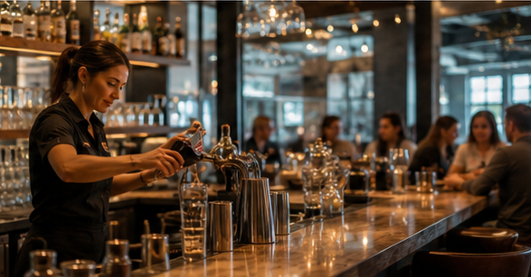 Bartender pouring a drink at a warmly lit bar with glasses and patrons seated in the background