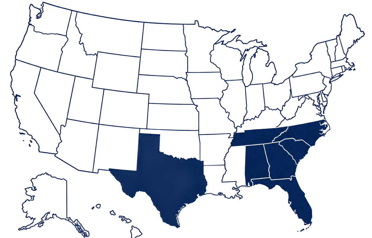 U.S. map with Texas and several southeastern states shaded dark blue, others outlined in white