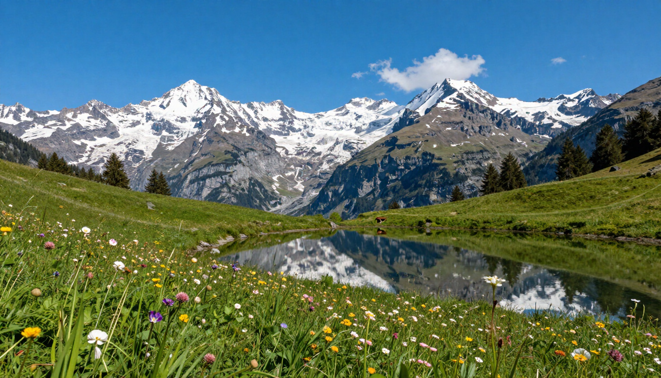 Alpine meadow with wildflowers, a reflecting lake, and snowcapped mountains under a clear sky