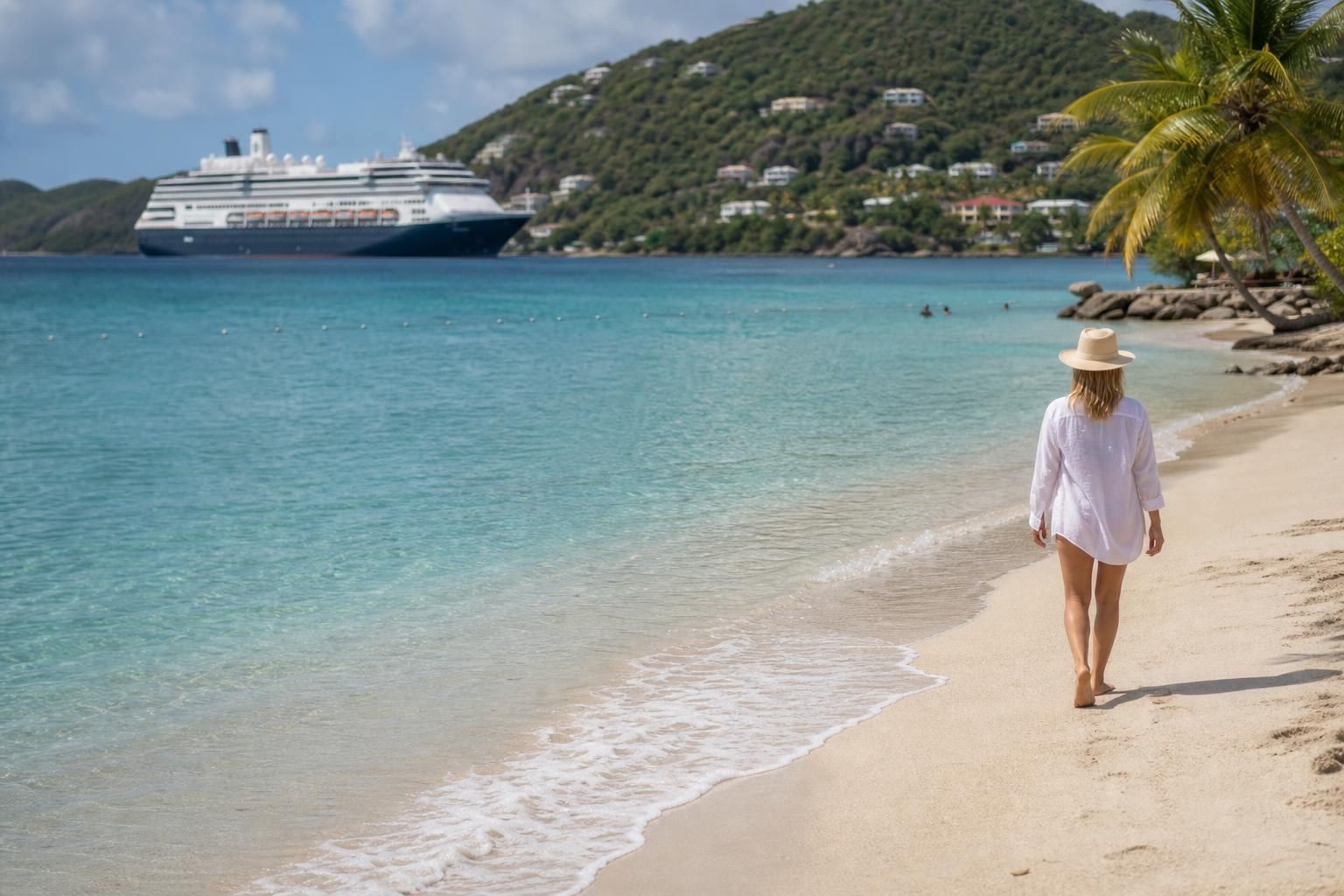 A cruise ship offshore near a tropical beach, with a person walking along the shoreline and palm trees nearby.