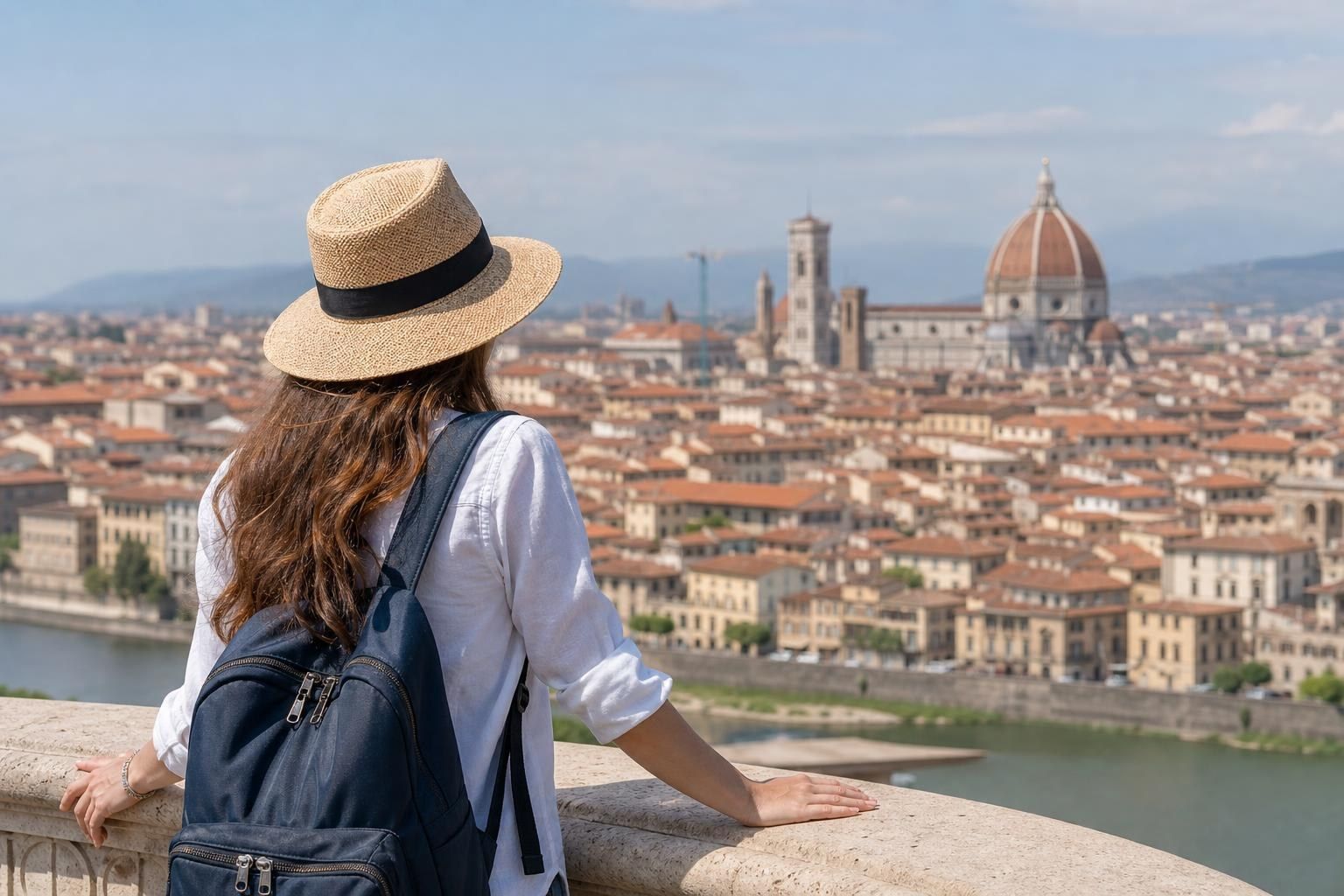 Woman in a straw hat overlooking Florence skyline and the Arno River from a viewpoint