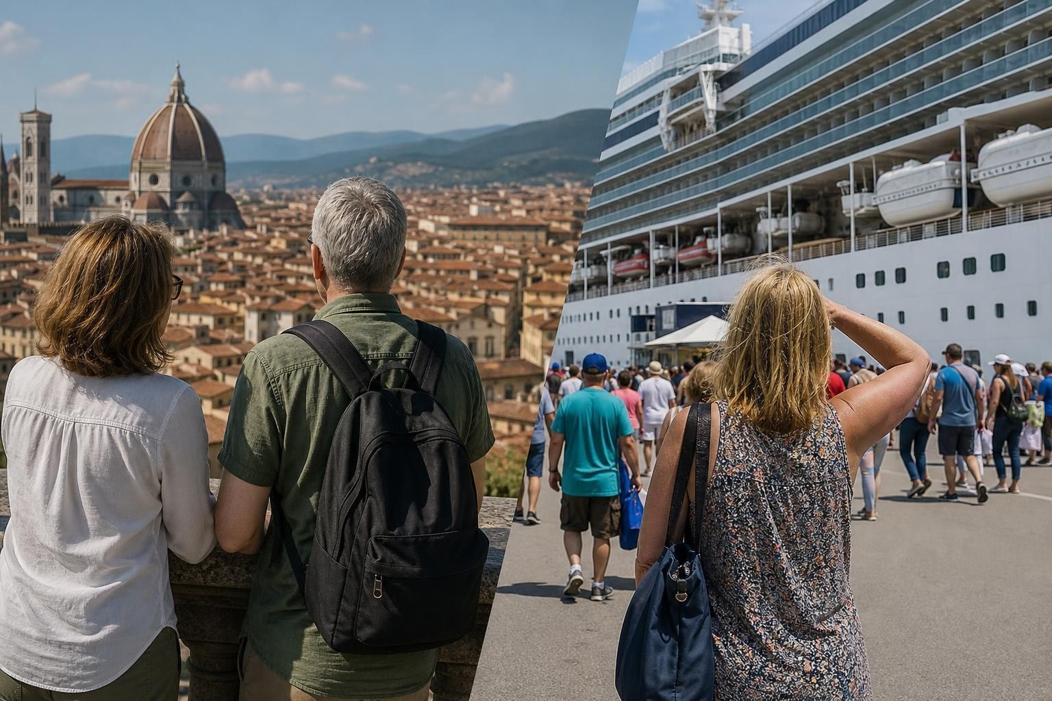 Tourists overlooking Florence from a cruise ship dock, with a large ship beside the city skyline.