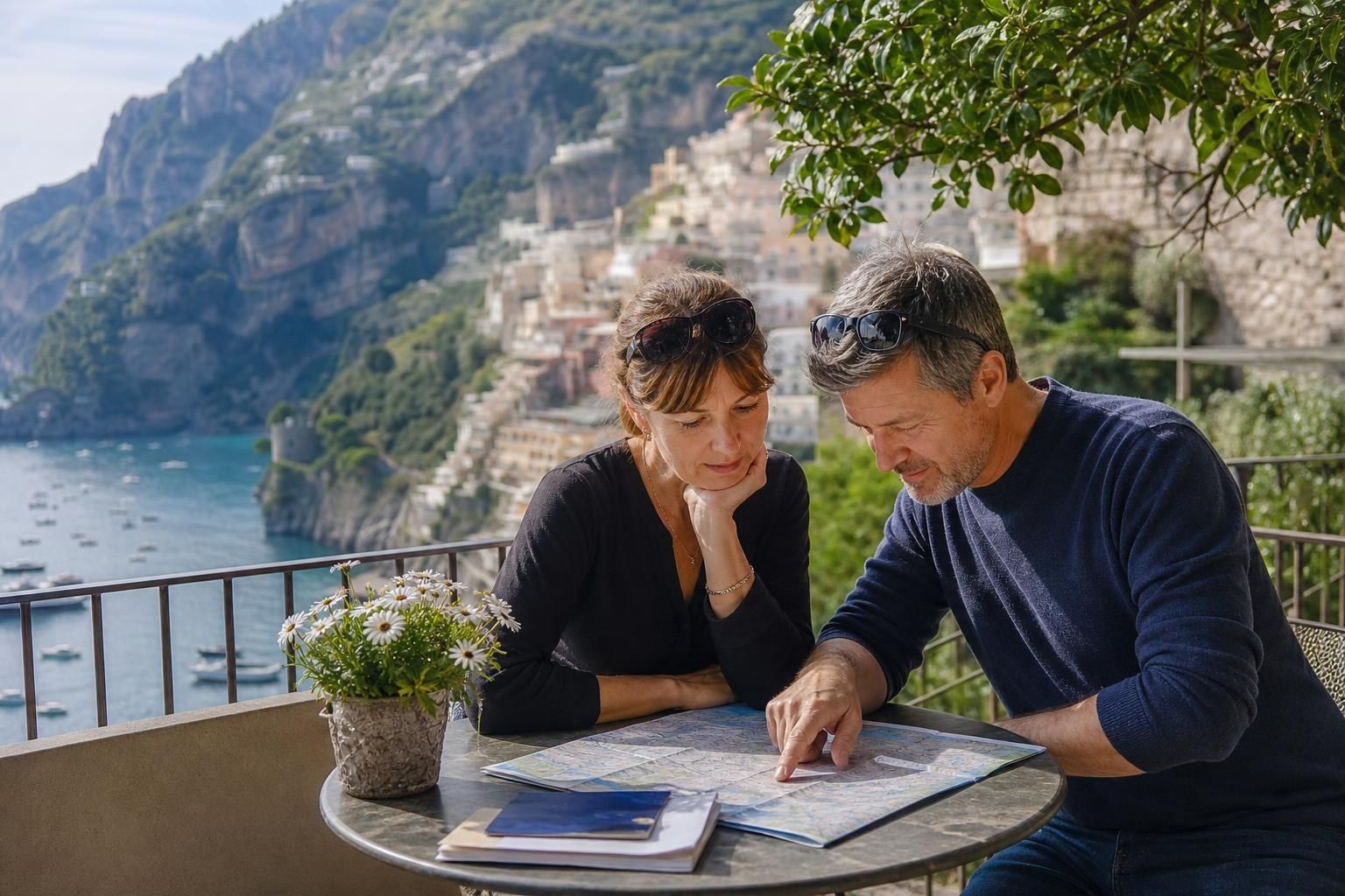 Two people reviewing papers at a seaside café with mountains in the background