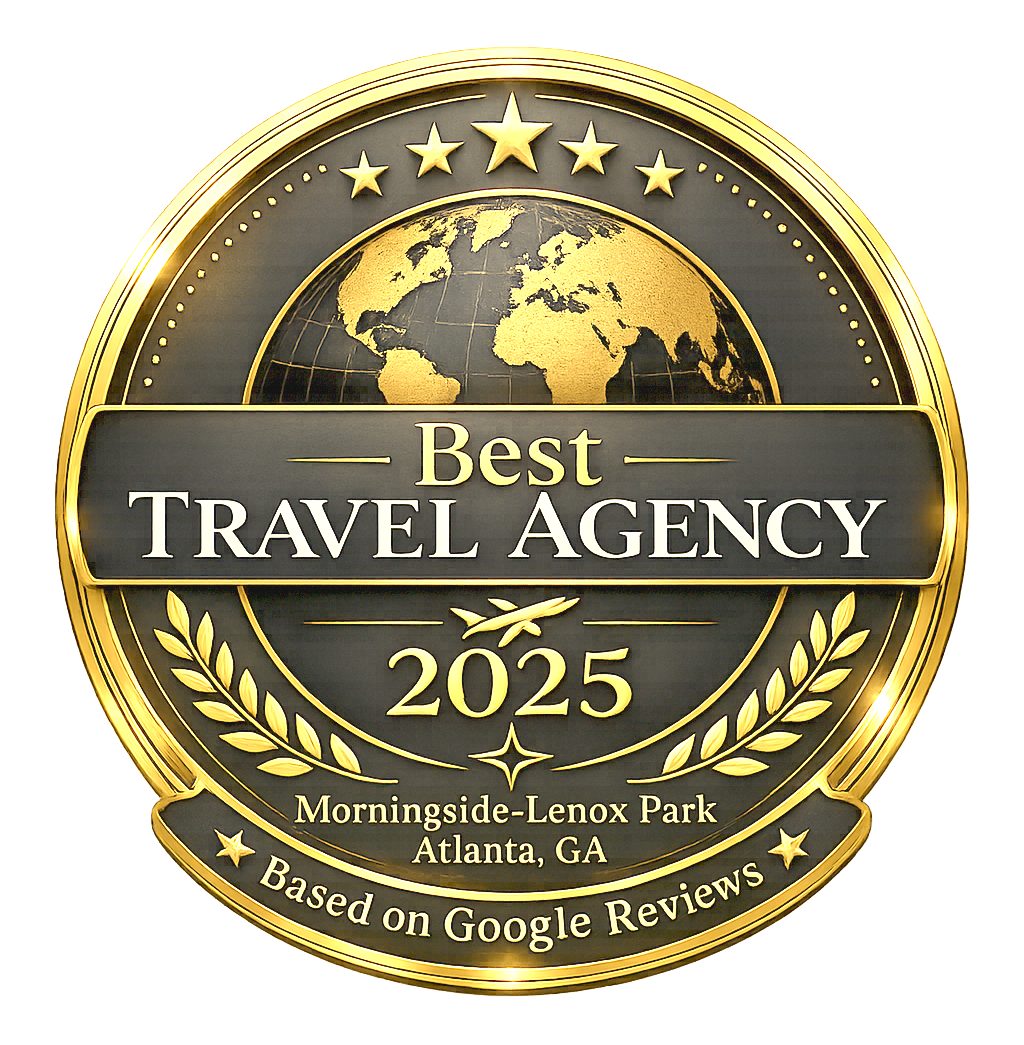 Gold and black award badge reading “Best Travel Agency 2025,” based on Google reviews.