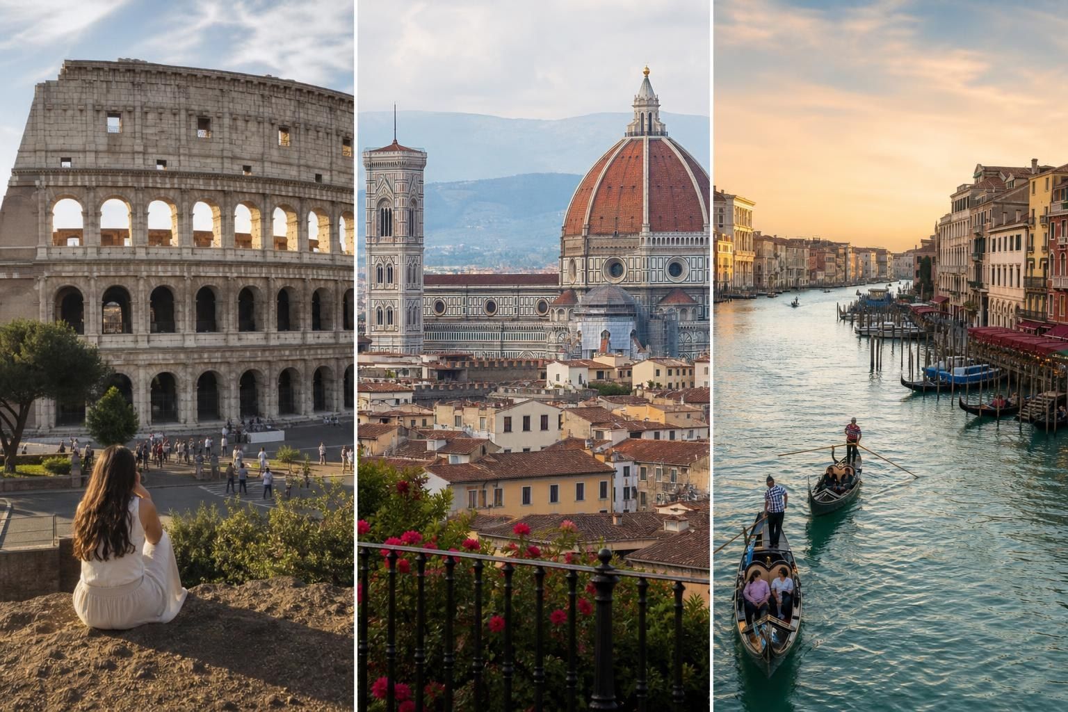 Triptych of travel scenes: Colosseum, Florence cathedral, and Venice canal at sunset