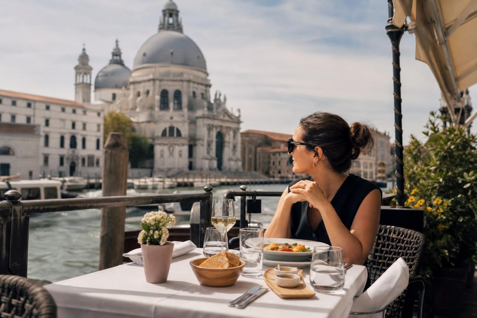 Woman dining by a canal, looking toward a domed cathedral in Venice