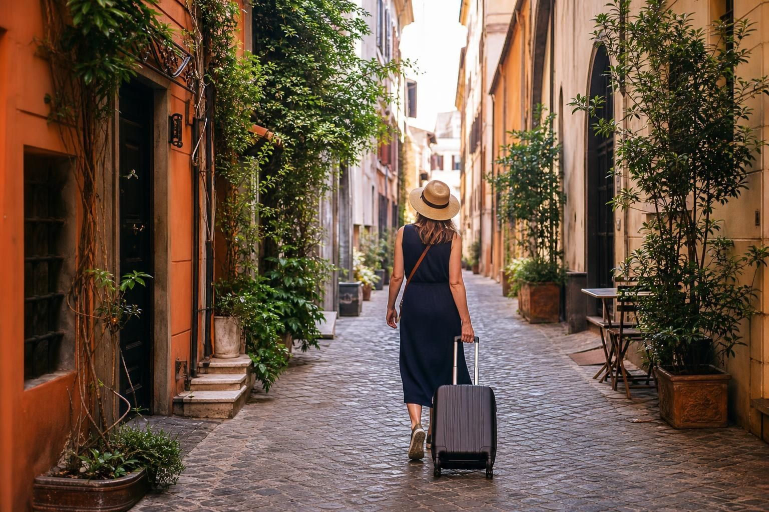 Person pulling a suitcase down a narrow cobblestone street lined with potted plants and old buildings