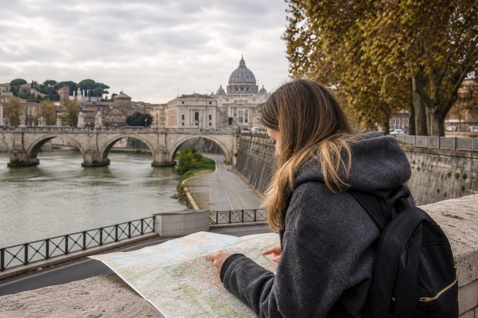 Person overlooking the Seine and a stone bridge with the Louvre and cathedral in the background