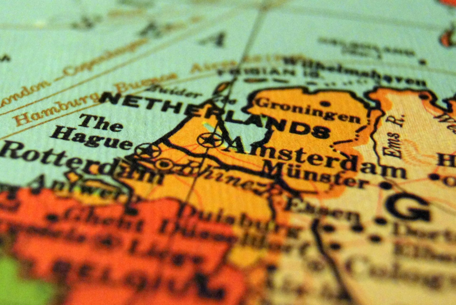 Map of the Netherlands, showing cities like Amsterdam and Rotterdam, with surrounding areas in Europe.
