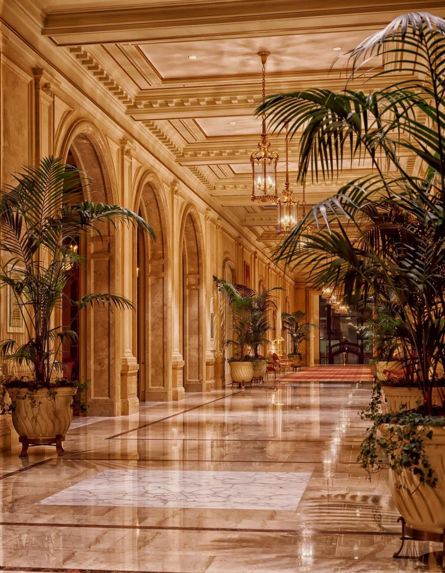 Elegant marble hallway with ornate golden ceilings, tall columns, and lush potted palms