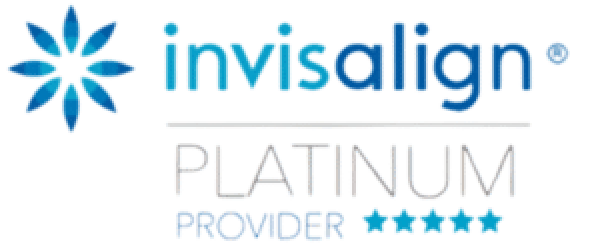 Invisalign Platinum Provider logo with a blue flower and five stars.