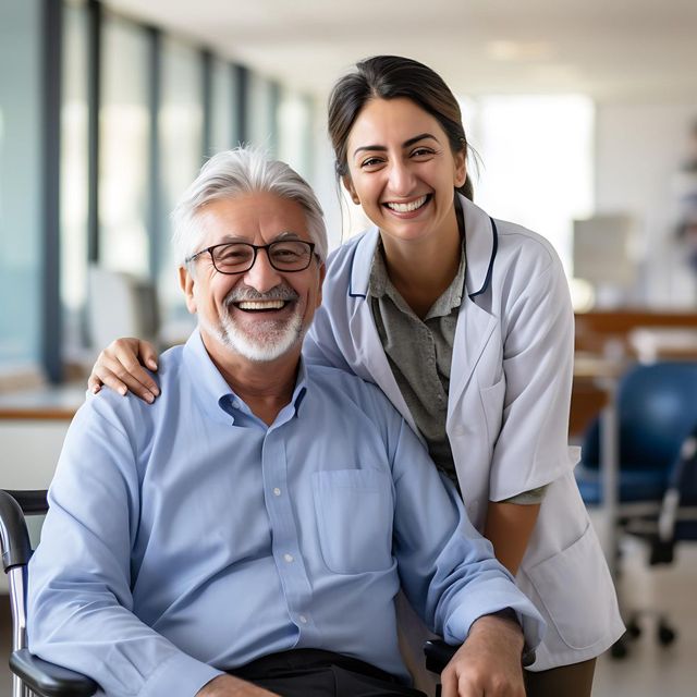 Médico sonriente con bata blanca de pie junto a un paciente sentado en una consulta luminosa