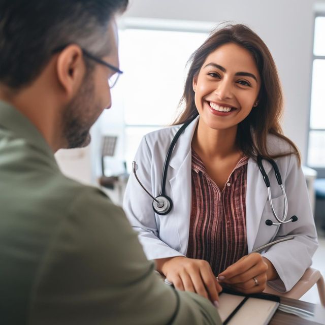Un médico sonríe durante una consulta con un paciente en una luminosa consulta médica