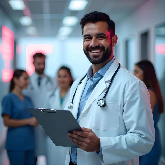 Médico sonriente con bata blanca y una carpeta en la mano, en el pasillo de un hospital con personal al fondo