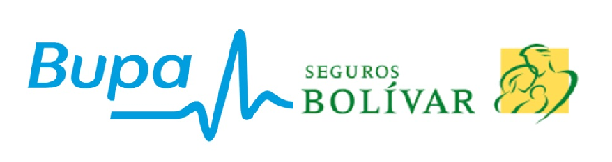 Logotipos de Bupa y Seguros Bolívar en azul, verde y amarillo sobre un fondo blanco