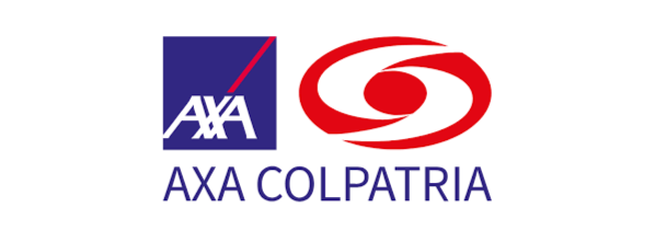 Logotipo de AXA Colpatria con el símbolo cuadrado azul de AXA y el emblema rojo en espiral sobre fondo blanco