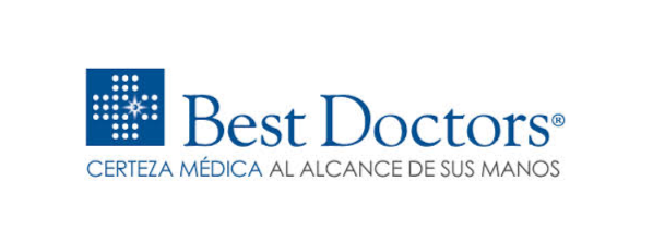 Logotipo de Best Doctors con una cruz médica azul y el eslogan en español «certeza médica al alcance de sus manos»