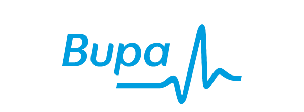 Logotipo de Bupa en azul con una línea de latido cardíaco
