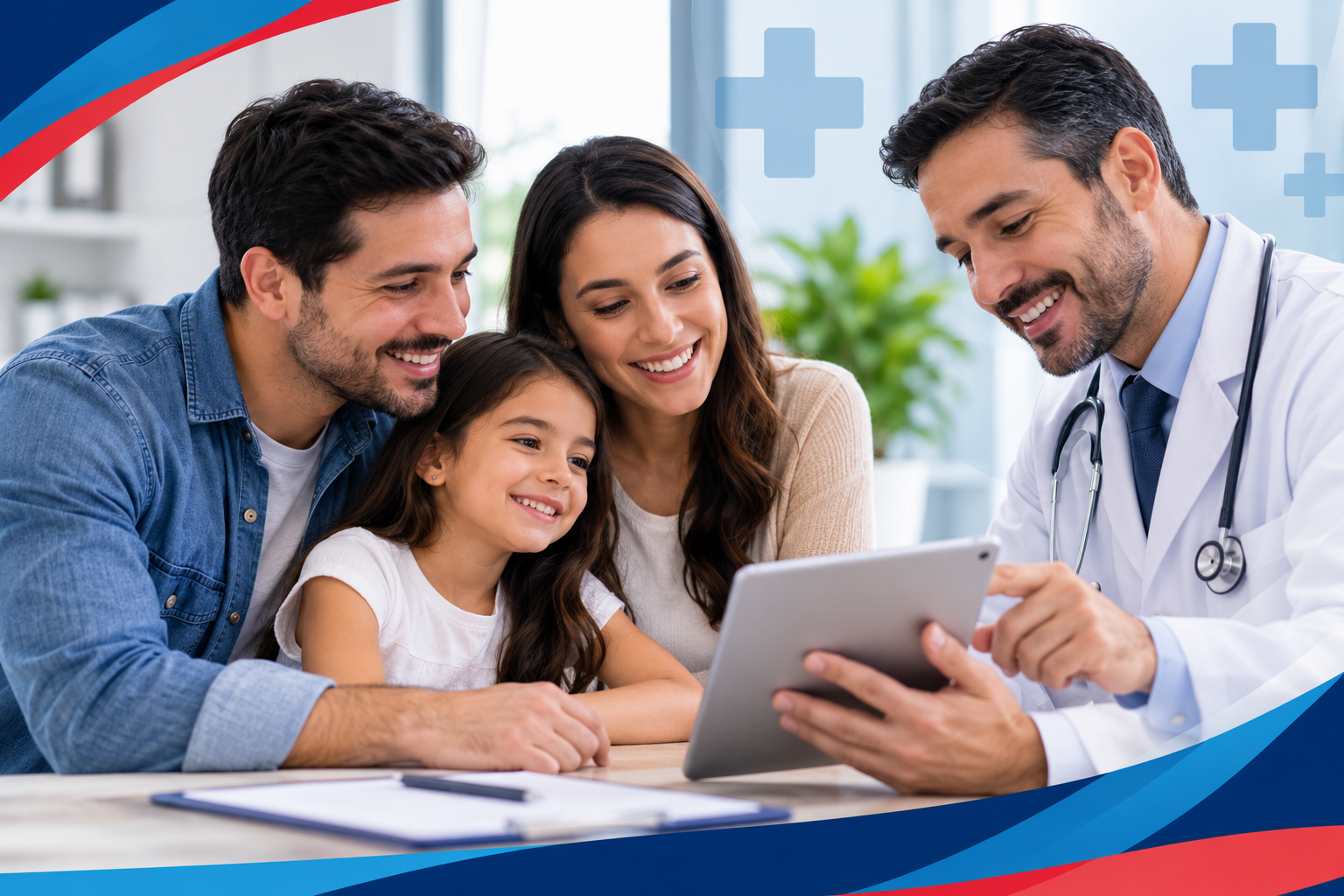 Familia recibiendo orientación médica sobre medicina prepagada en Colombia