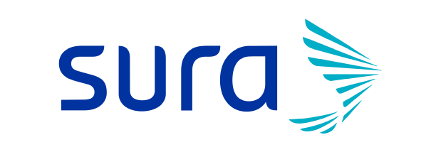 Logotipo de Sura en azul con un ícono turquesa en forma de ala sobre fondo blanco