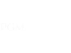 A logo for pgm compass with an orange background