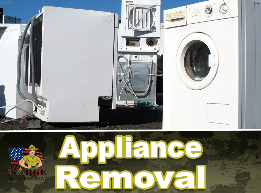 White appliances ready for removal: refrigerator, washer, and dryer. Sign: Appliance Removal.