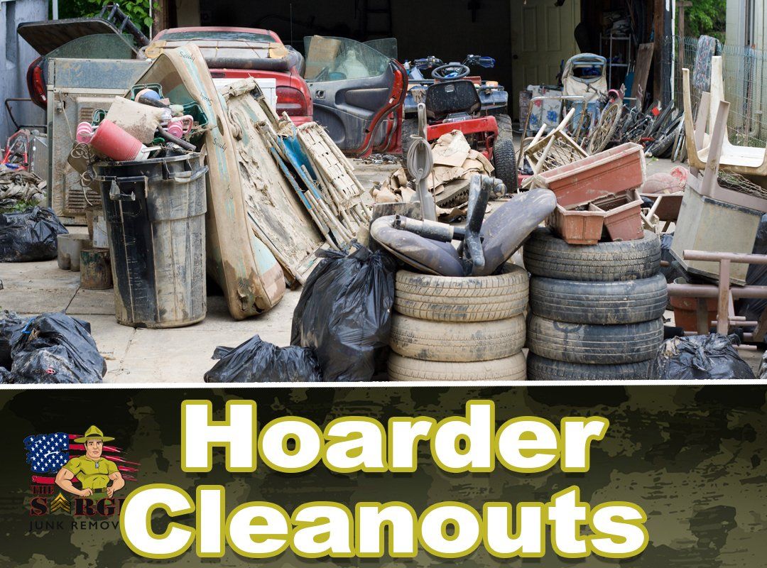 Outdoor hoard with debris: trash cans, tires, auto parts, and tools. Text overlay: