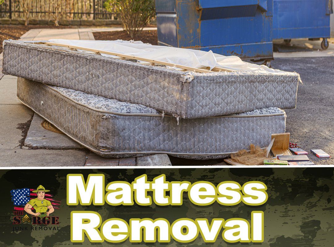 Two dirty mattresses stacked near a dumpster. Text: Mattress Removal.