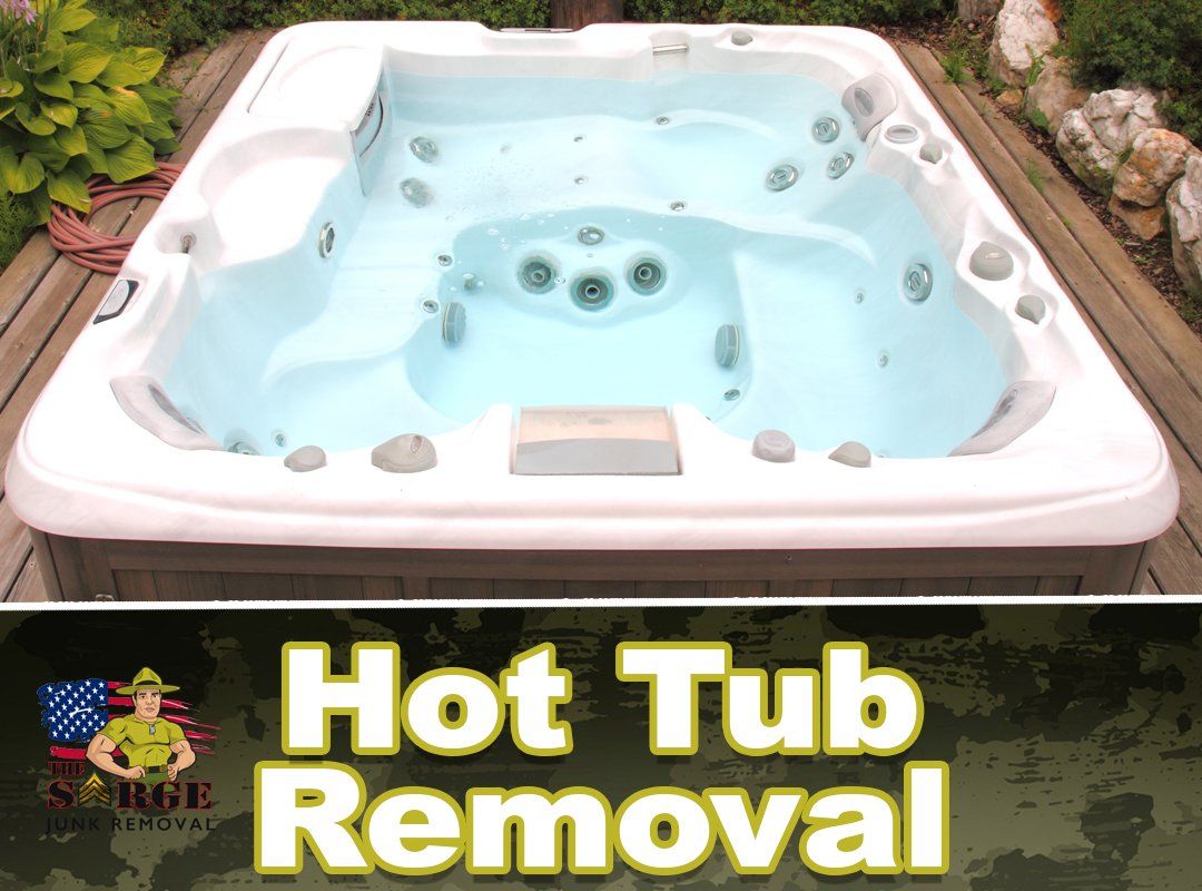 Hot tub surrounded by a wooden deck. Text overlay: