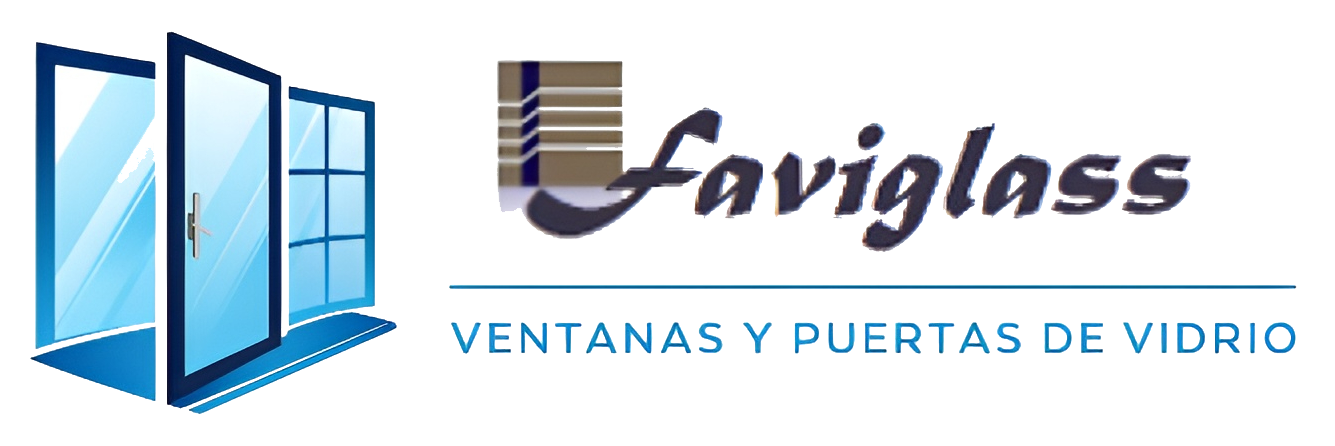 Logotipo de Faviglass que muestra un icono de una ventana de cristal azul junto al nombre de la marca y el texto 