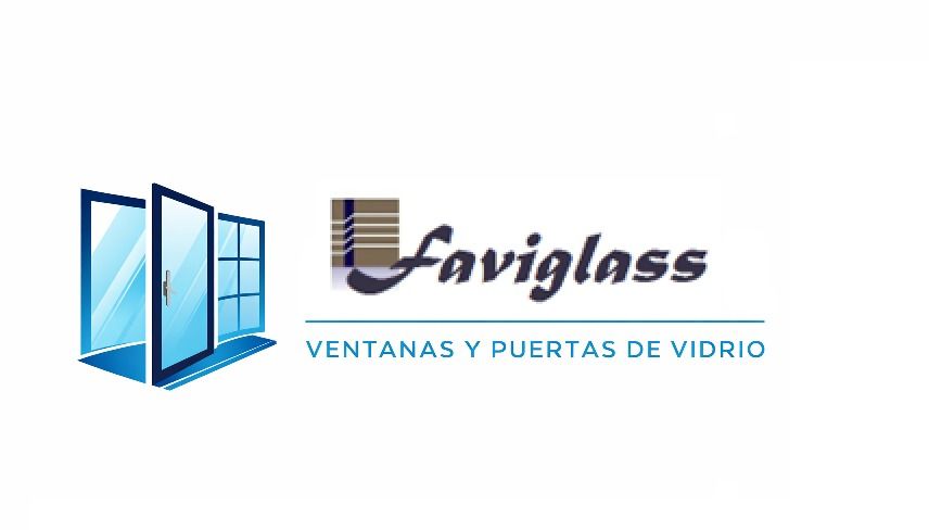 Logotipo de Faviglass que muestra un icono de una puerta de cristal azul junto al nombre de la marca y el texto 
