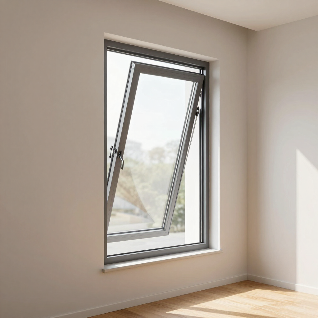 Una ventana oscilobatiente con marco oscuro se abría hacia adentro, empotrada en una pared lisa de color claro sobre un suelo de madera.