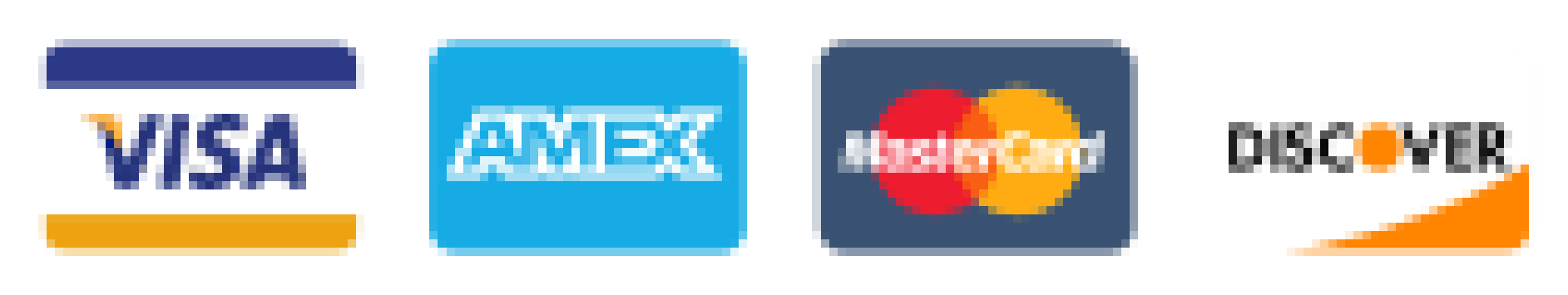 Logos for Visa, American Express, Mastercard, and Discover credit cards.