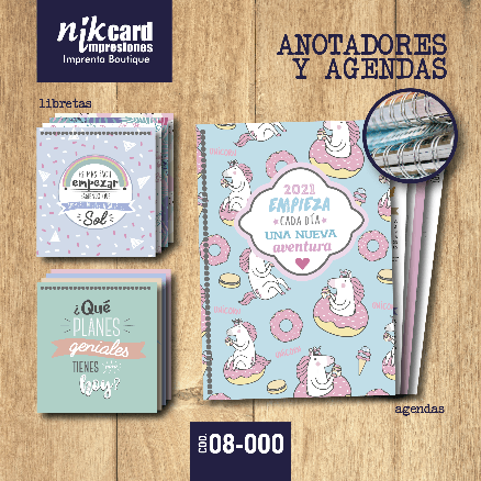 Cuadernos y agendas con diseños coloridos de unicornios y donuts.