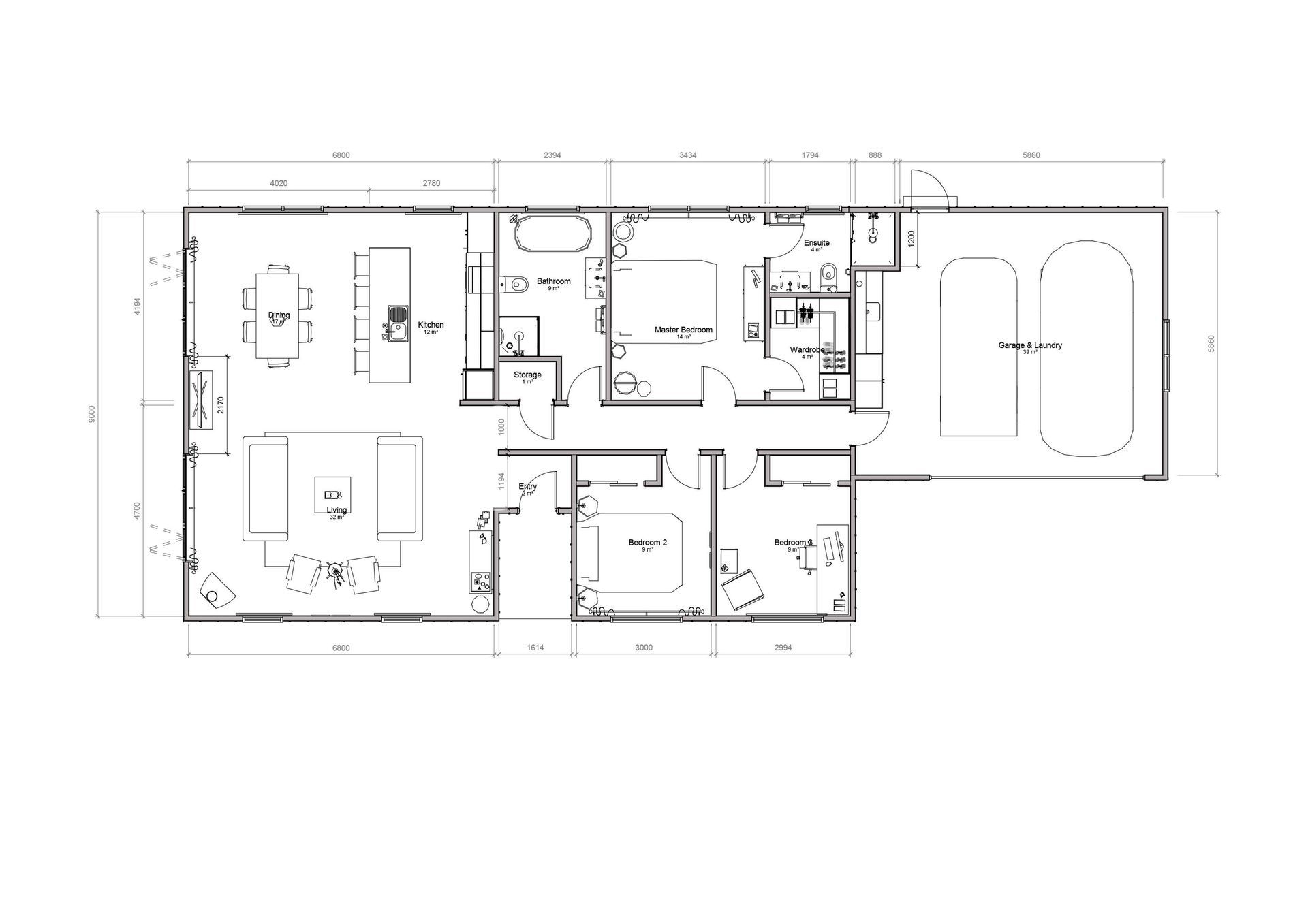 A black and white floor plan of a house on a white background.