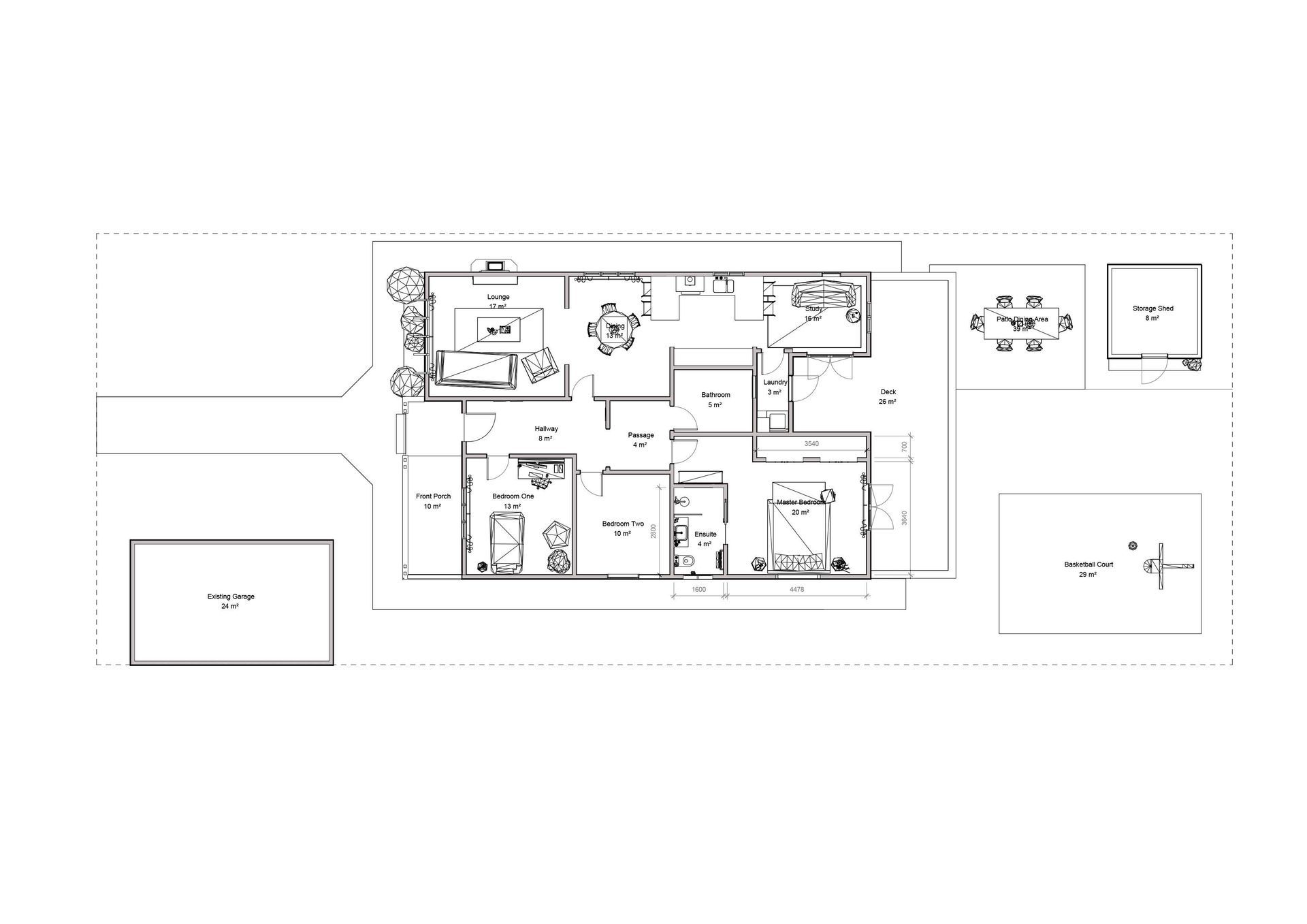 A black and white floor plan of a house with a pool.