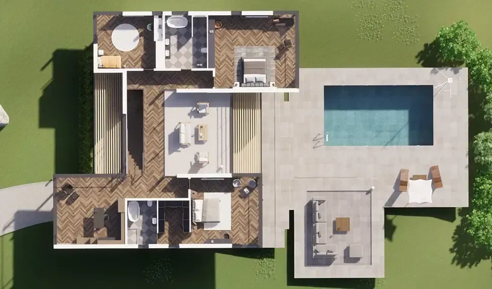 An aerial view of a floor plan of a house with a pool.